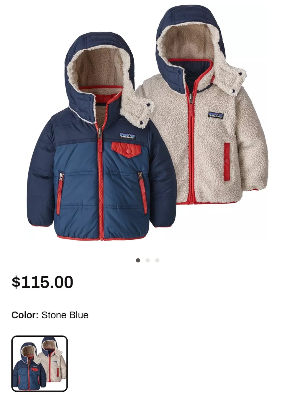 Patagonia Navy Jacket with Red Trim and Cream Sherpa Hood, 3T